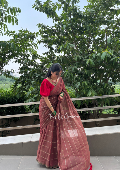 The Red & Greenish dual Tone -Sequinned Mulmul Cotton Saree