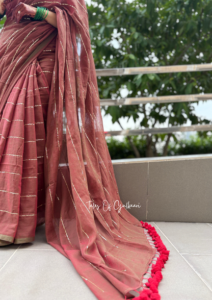 The Red & Greenish dual Tone -Sequinned Mulmul Cotton Saree