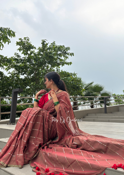 The Red & Greenish dual Tone -Sequinned Mulmul Cotton Saree