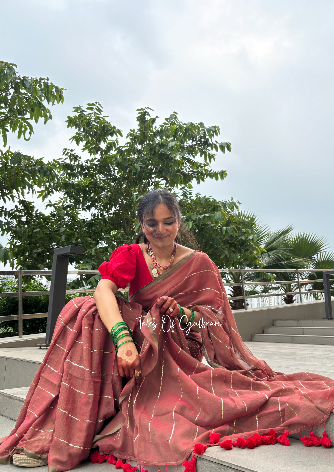 The Red & Greenish dual Tone -Sequinned Mulmul Cotton Saree