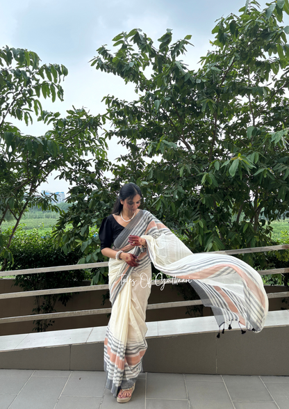 The White & Black -Striped Mulmul Cotton Saree