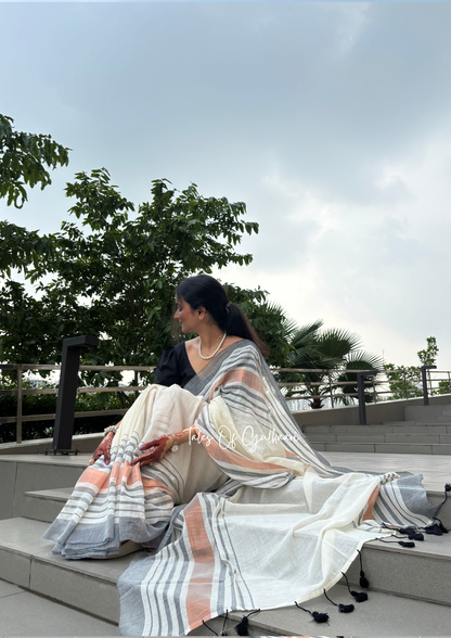 The White & Black -Striped Mulmul Cotton Saree