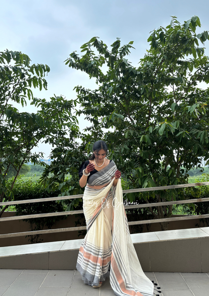 The White & Black -Striped Mulmul Cotton Saree