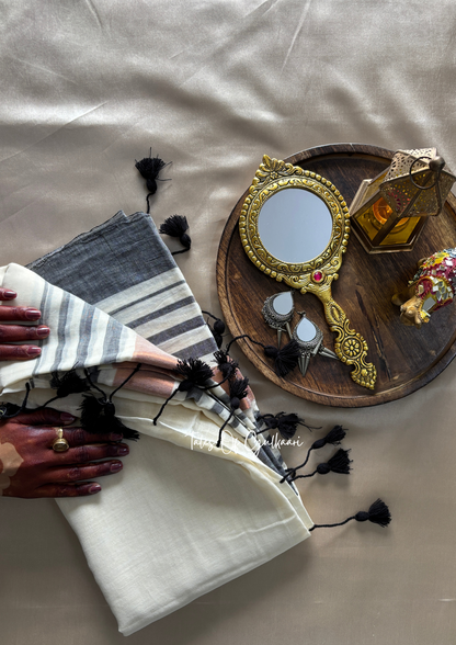 The White & Black -Striped Mulmul Cotton Saree