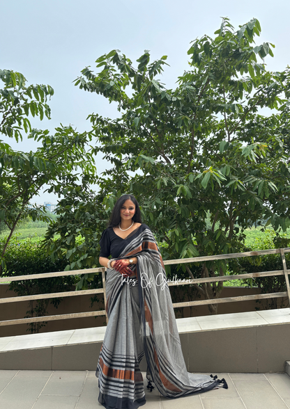 The Grey & Black -Striped Mulmul Cotton Saree