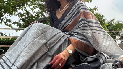 The Grey & Black -Striped Mulmul Cotton Saree