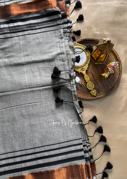 The Grey & Black -Striped Mulmul Cotton Saree