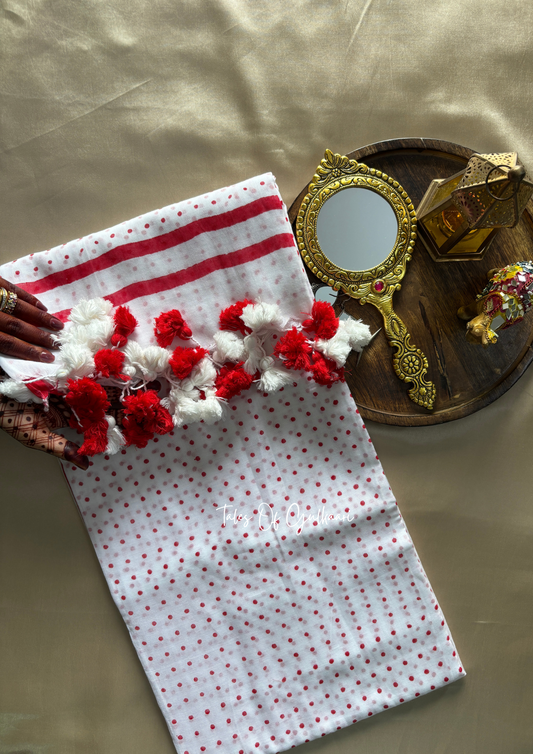 The White & Red -Polka Dots- Mulmul Cotton Saree