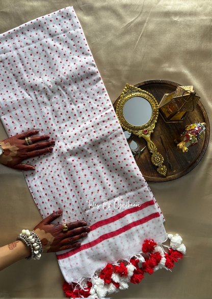 The White & Red -Polka Dots- Mulmul Cotton Saree