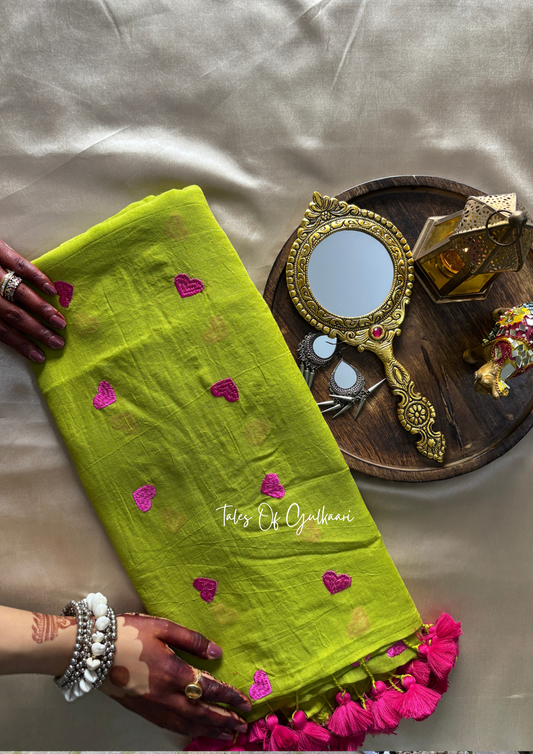 The Pink & Lime Love - Mulmul Cotton Saree