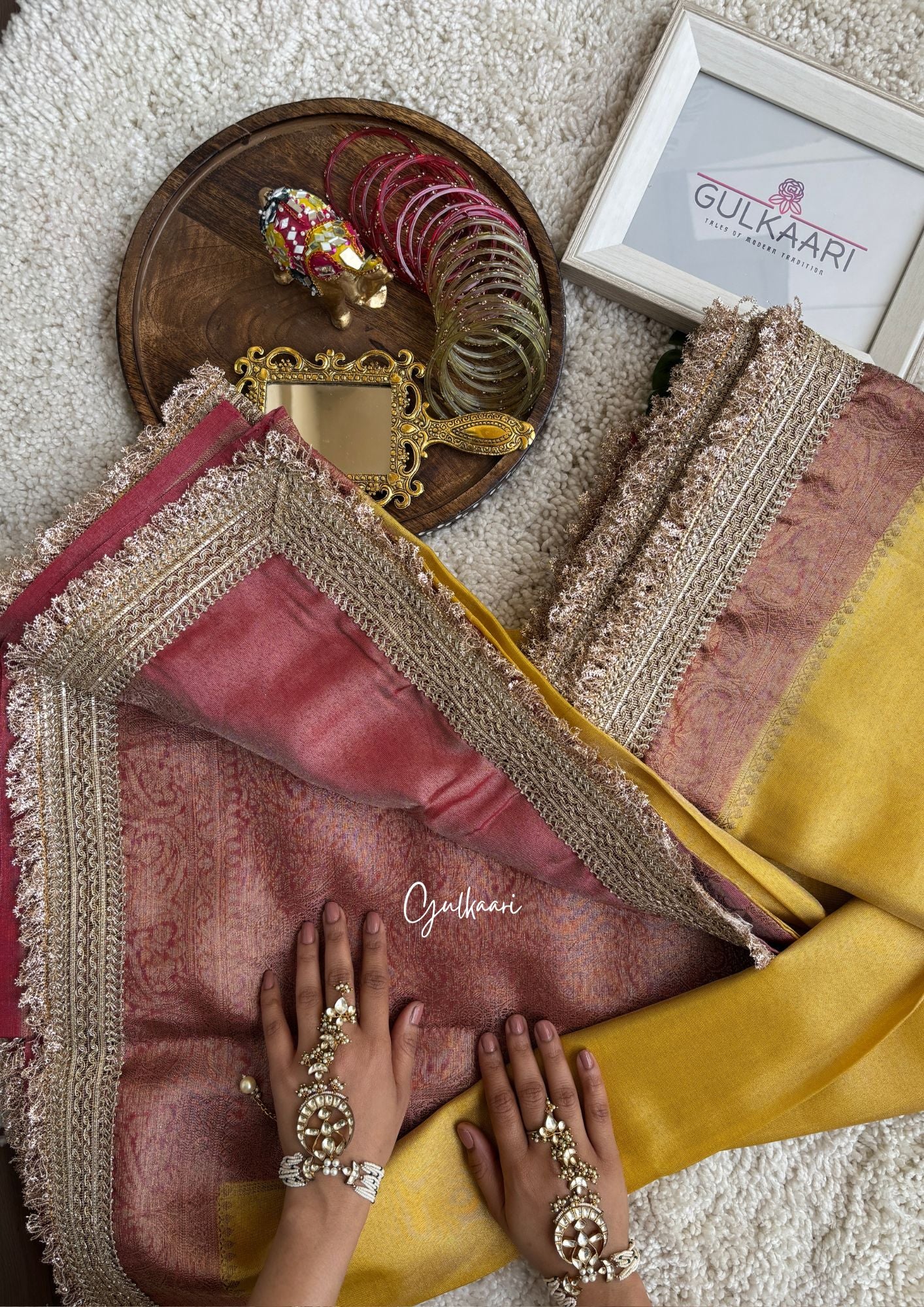 The Yellow and Rust-Peachy-Red Katan Banarasi Silk Nayi-Naveli