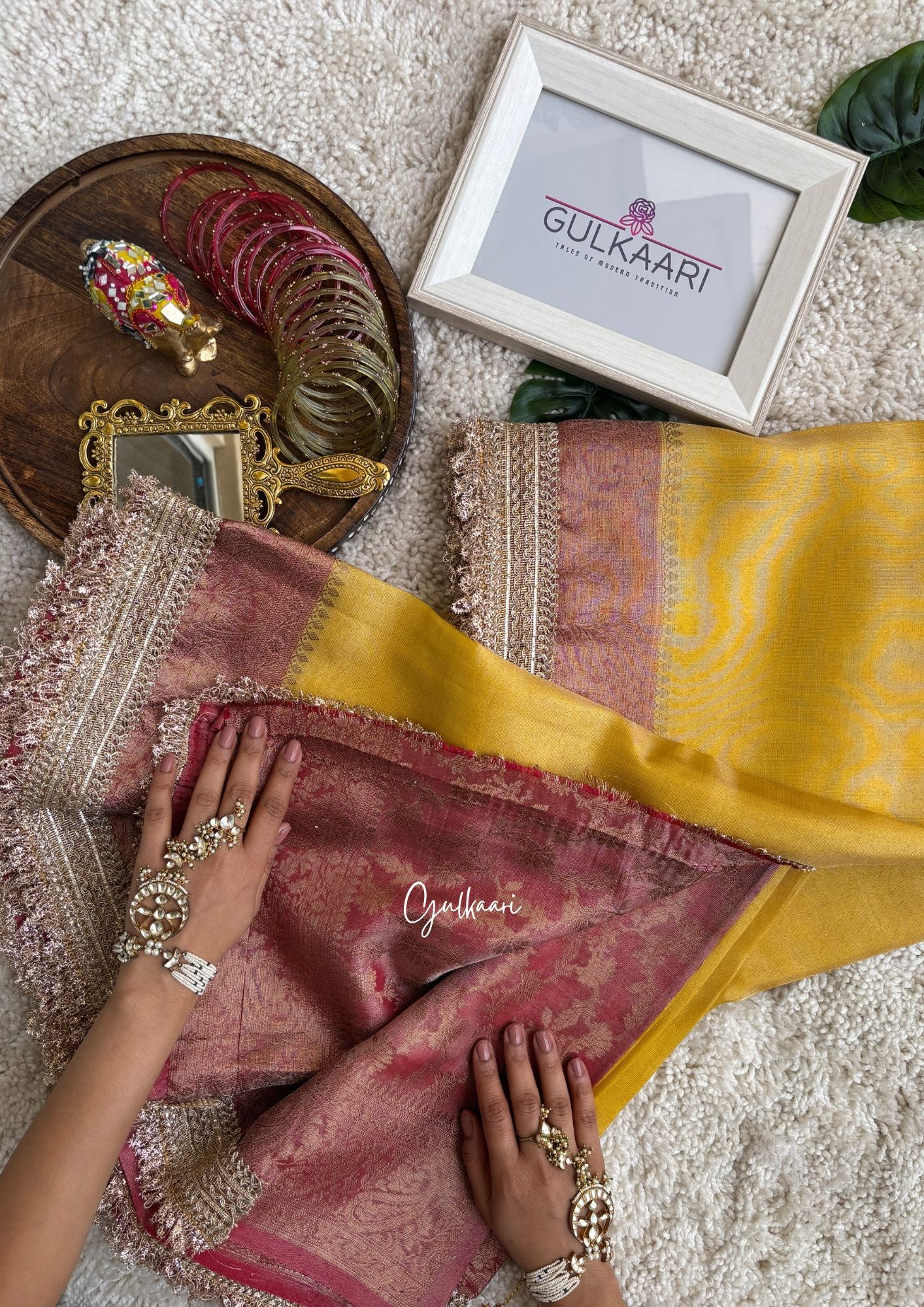 The Yellow and Rust-Peachy-Red Katan Banarasi Silk Nayi-Naveli