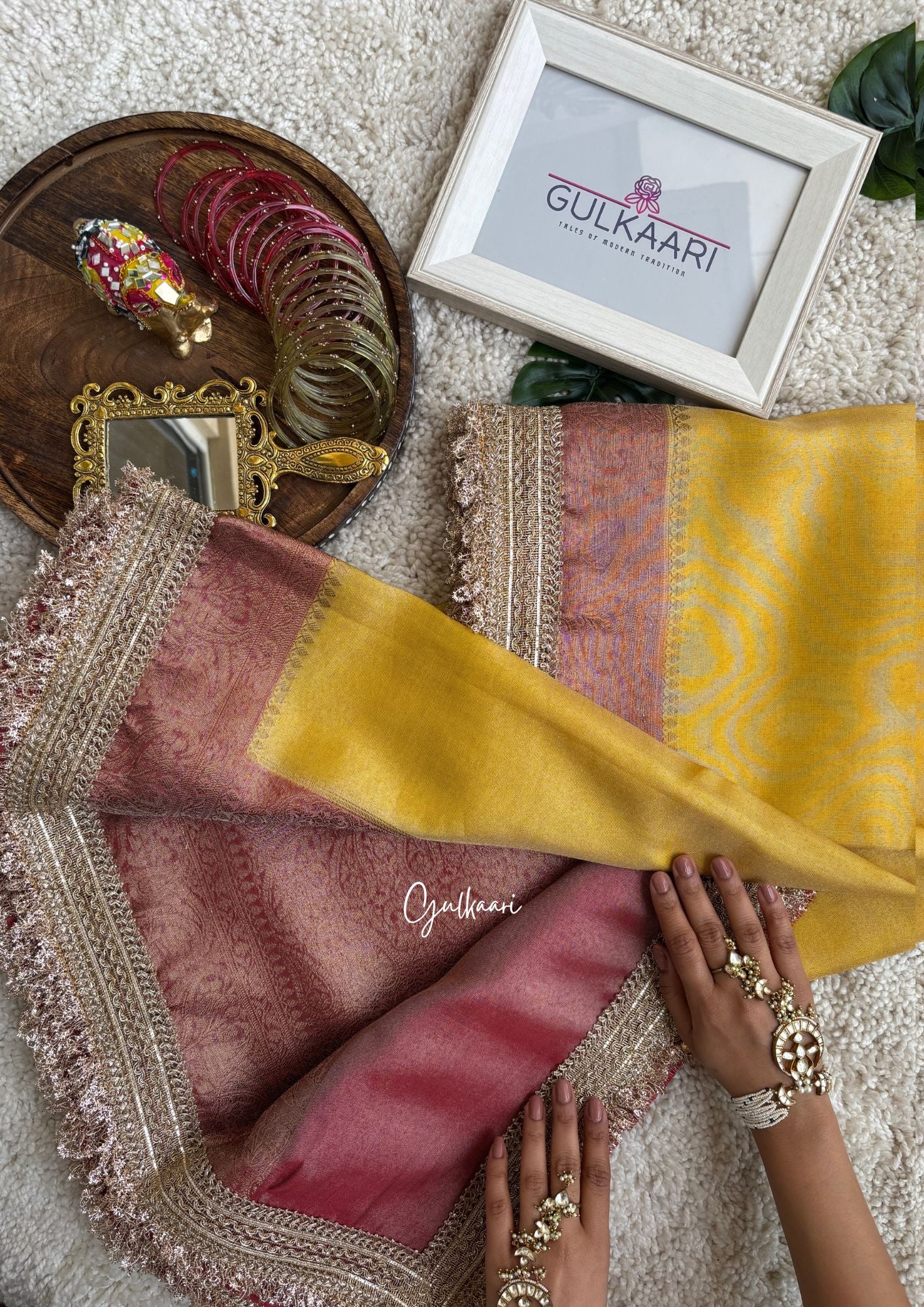 The Yellow and Rust-Peachy-Red Katan Banarasi Silk Nayi-Naveli