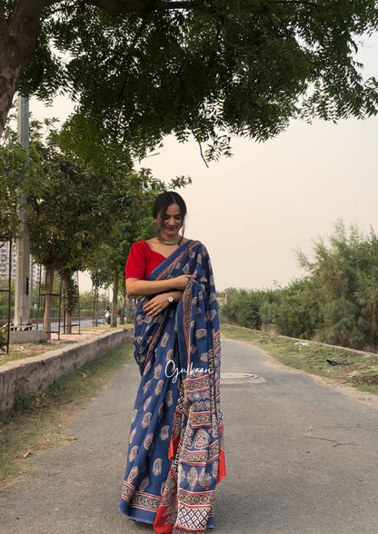 The Blue Grace - Hand-Block Prints Soft Mul Cotton Saree