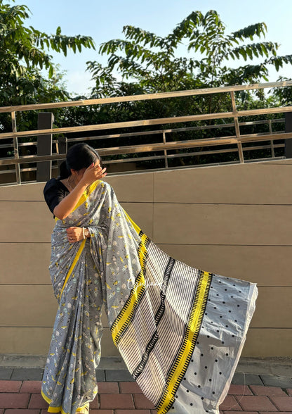 The Quirky Grey - Hand-Block Prints Soft Mul Cotton Saree
