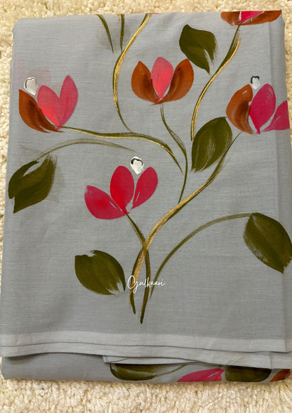 The Soft Grey - Hand-Painted Soft Mul Cotton Saree