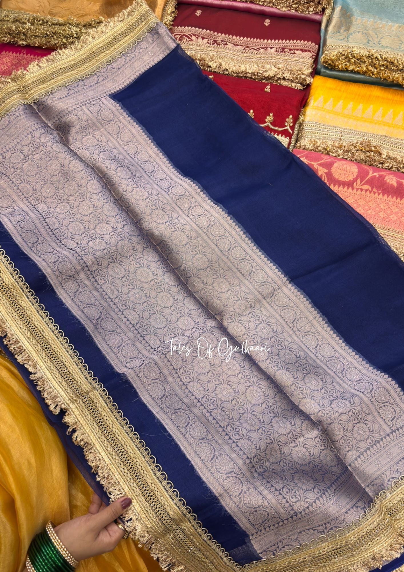 Pure Tissue Silk Saree in Royal Blue with Rich Pure Brocade Pallu & Blouse With Lace Detailing