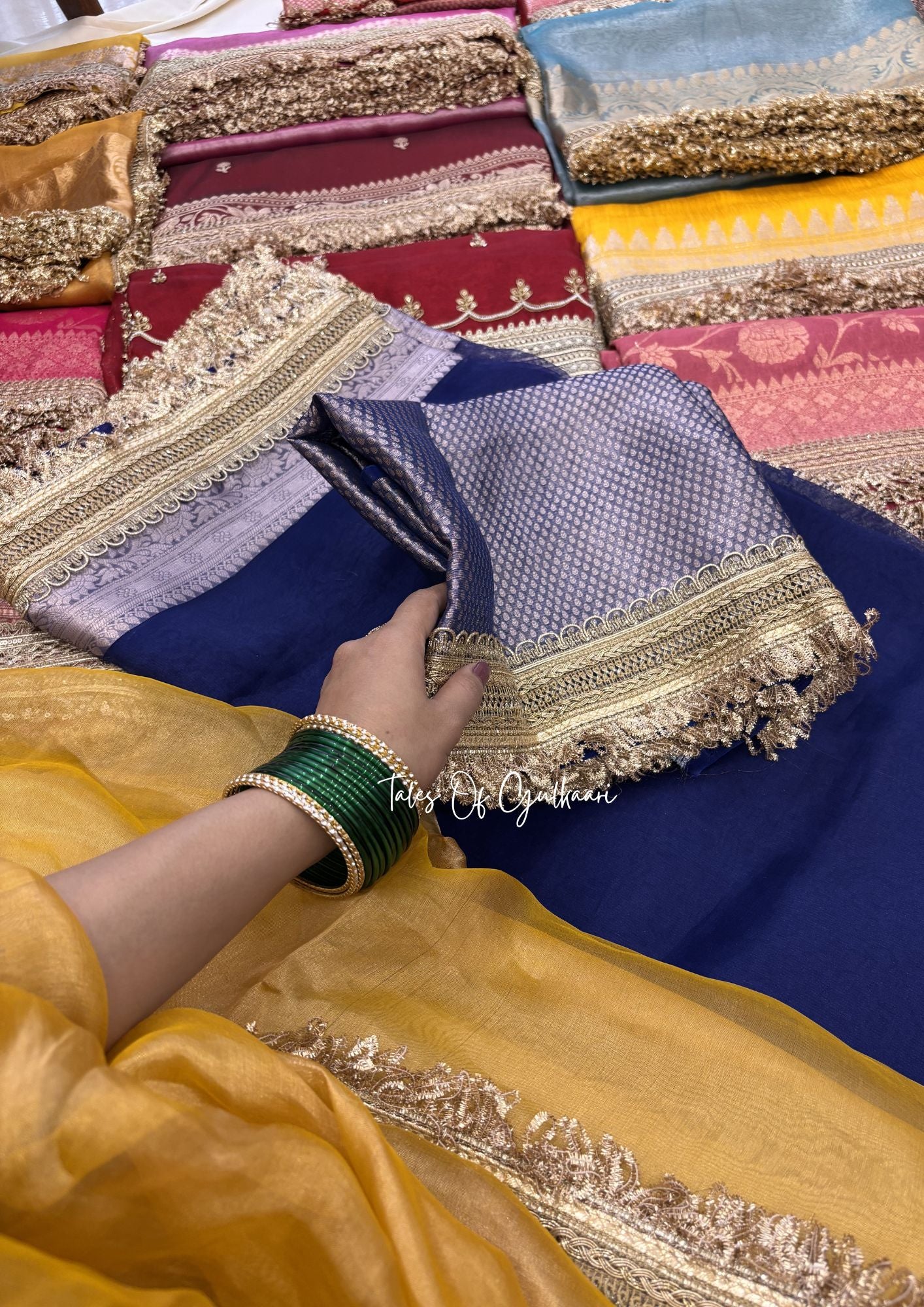 Pure Tissue Silk Saree in Royal Blue with Rich Pure Brocade Pallu & Blouse With Lace Detailing