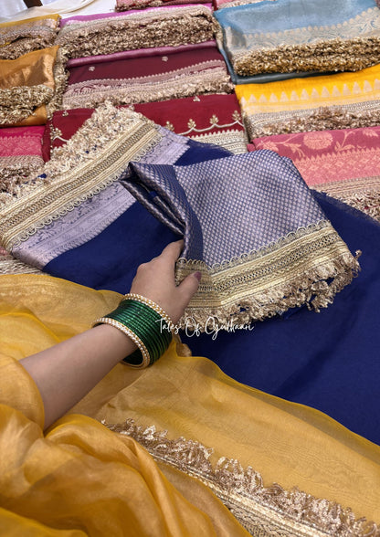 Pure Tissue Silk Saree in Royal Blue with Rich Pure Brocade Pallu & Blouse With Lace Detailing