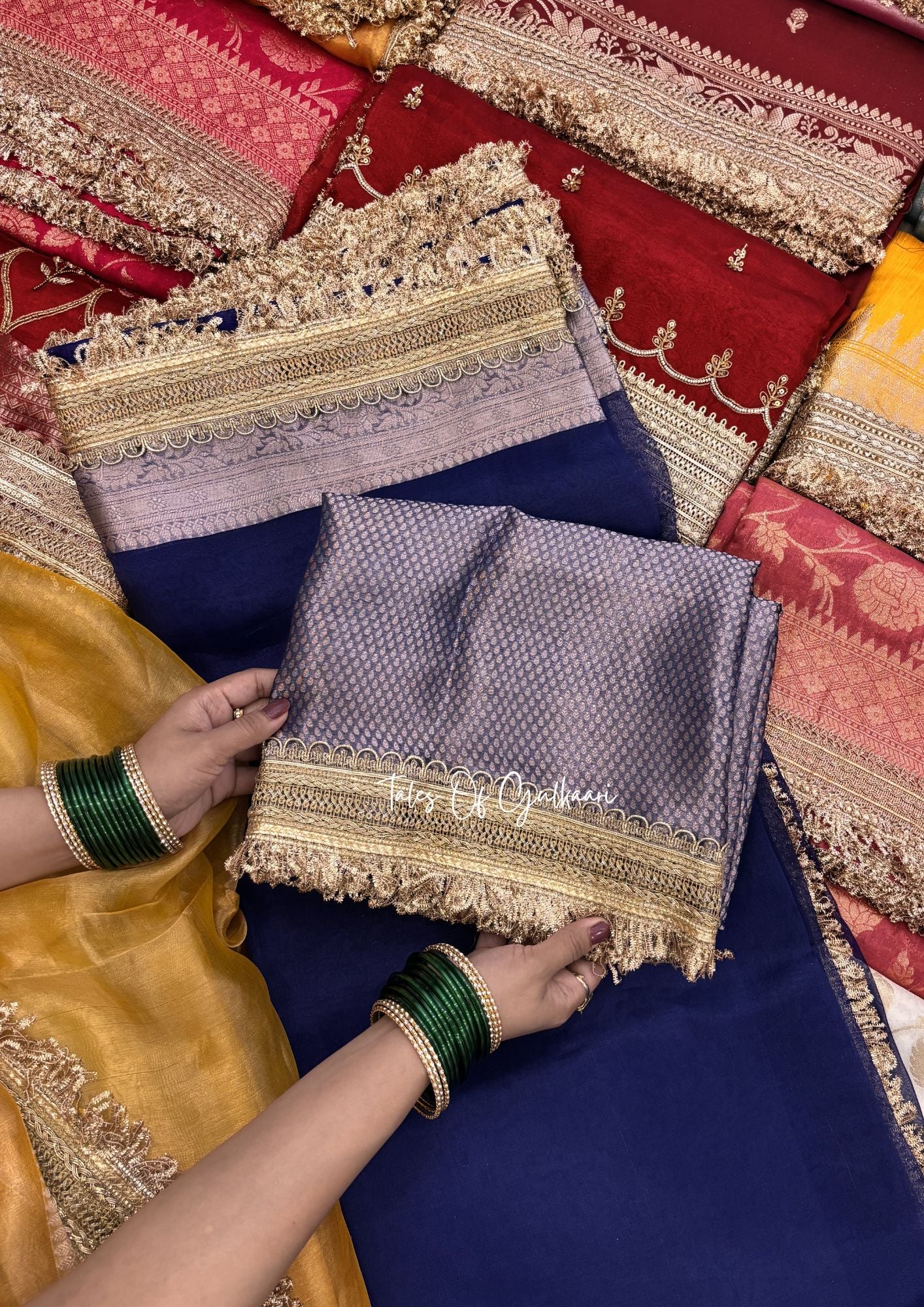 Pure Tissue Silk Saree in Royal Blue with Rich Pure Brocade Pallu & Blouse With Lace Detailing