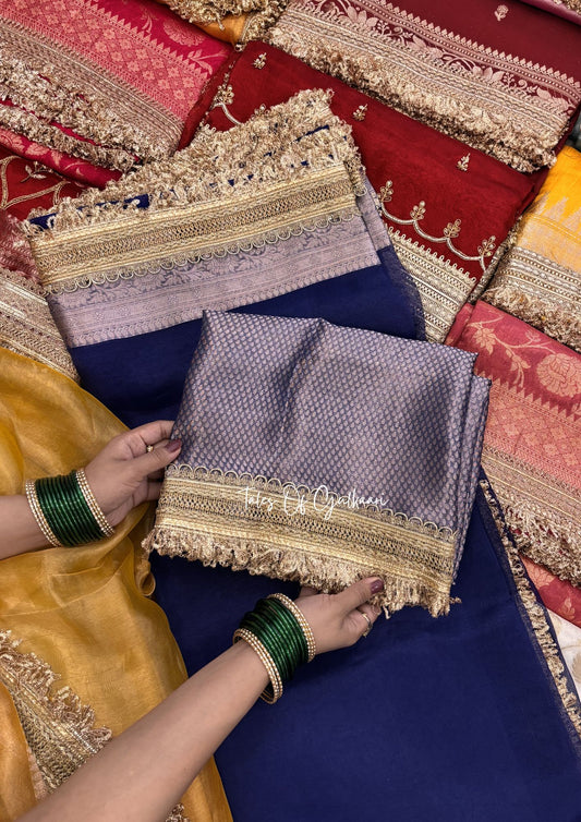 Pure Tissue Silk Saree in Royal Blue with Rich Pure Brocade Pallu & Blouse With Lace Detailing