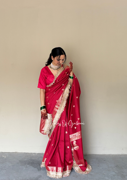 The Nazakat ~ Soft Silk Saree In Red with Lace Work