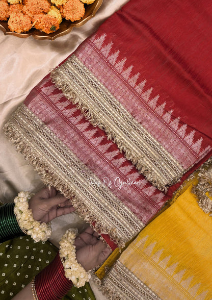 The “Mandap” Saree ~ Premium Ghiccha Cotton Saree In Red with Weaving Work