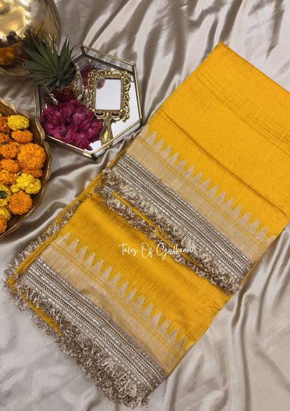 The “Mandap” Saree ~ Premium Ghiccha Cotton Saree In Yellow with Weaving Work