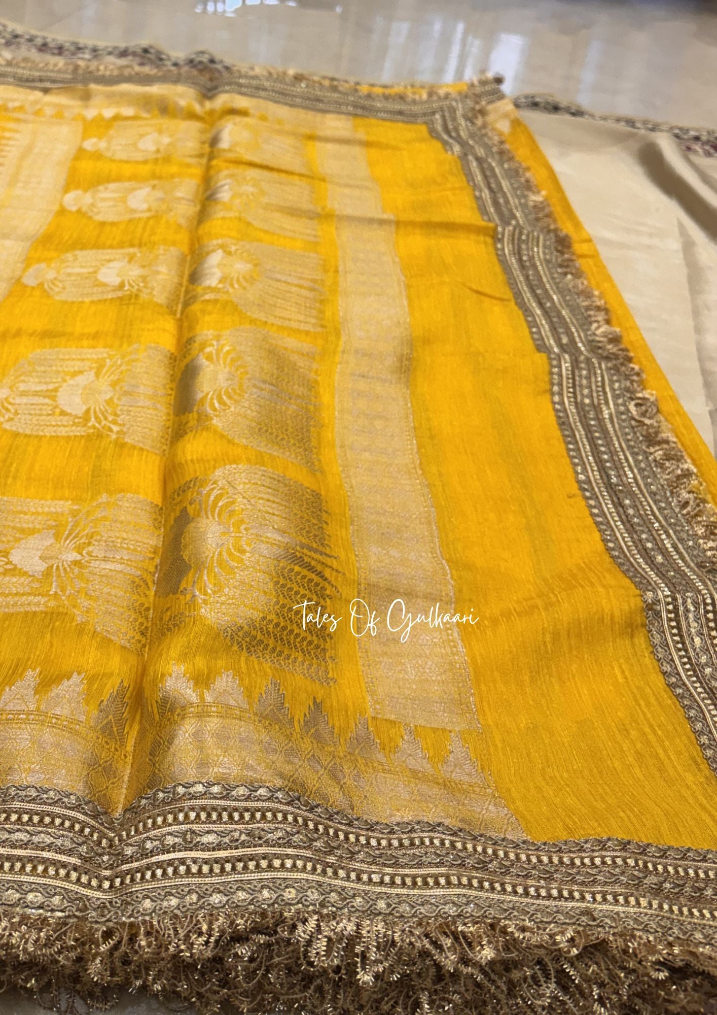 The “Mandap” Saree ~ Premium Ghiccha Cotton Saree In Yellow with Weaving Work