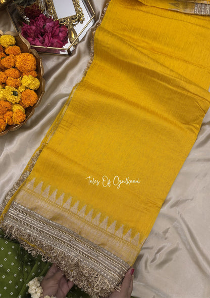 The “Mandap” Saree ~ Premium Ghiccha Cotton Saree In Yellow with Weaving Work