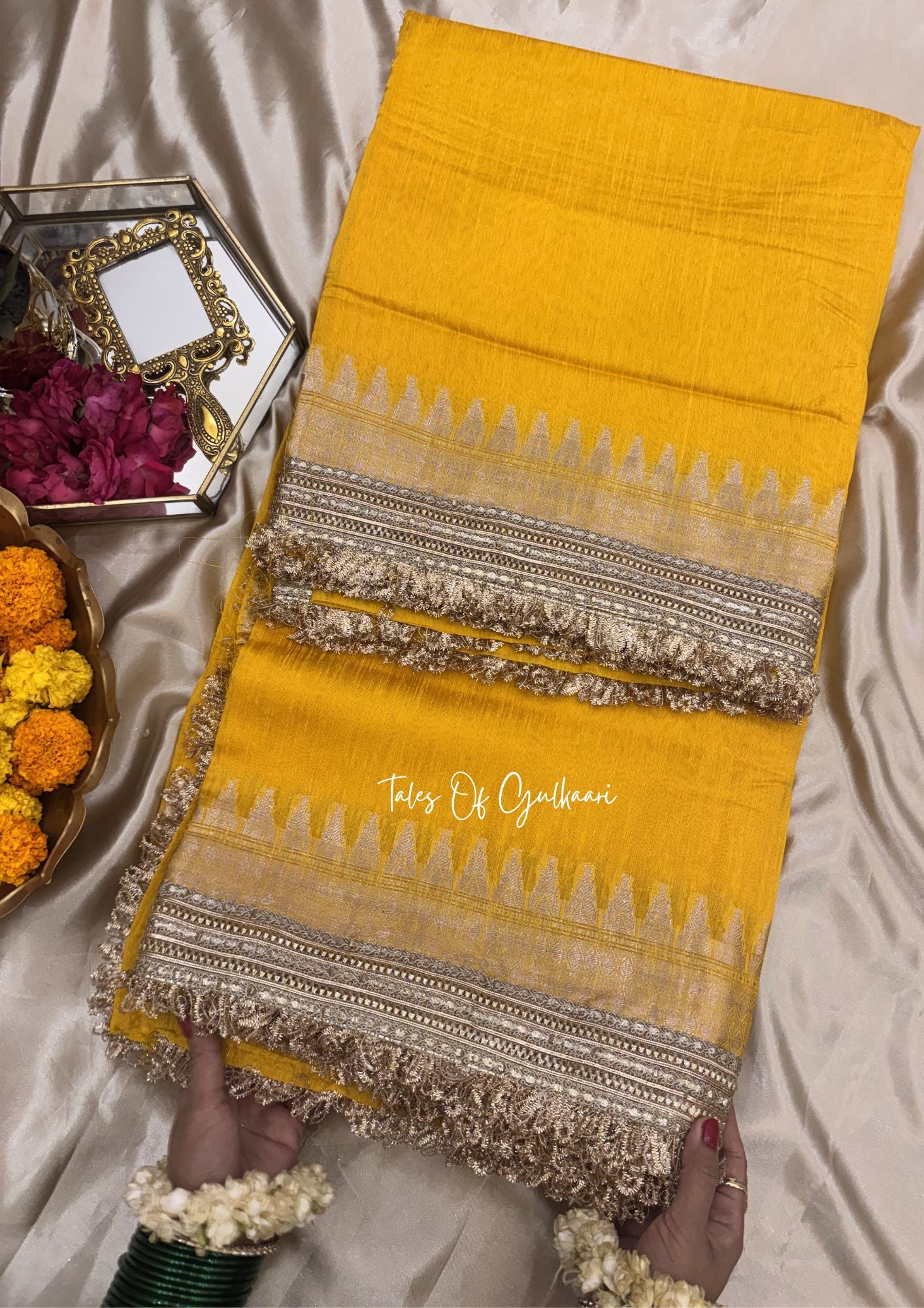 The “Mandap” Saree ~ Premium Ghiccha Cotton Saree In Yellow with Weaving Work