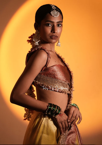The Yellow and Rust-Peachy-Red Katan Banarasi Silk Nayi-Naveli