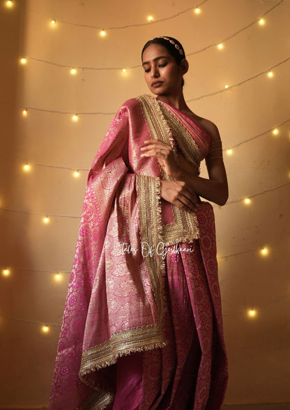 The Noor-E-Bandhej ~ Soft Katan Silk Saree In Pink with Lace Work