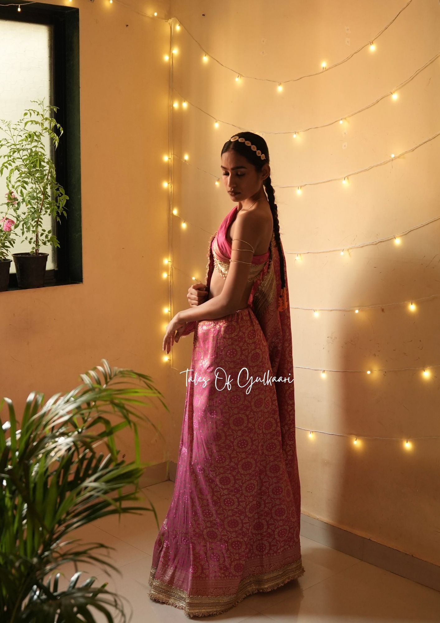 The Noor-E-Bandhej ~ Soft Katan Silk Saree In Pink with Lace Work