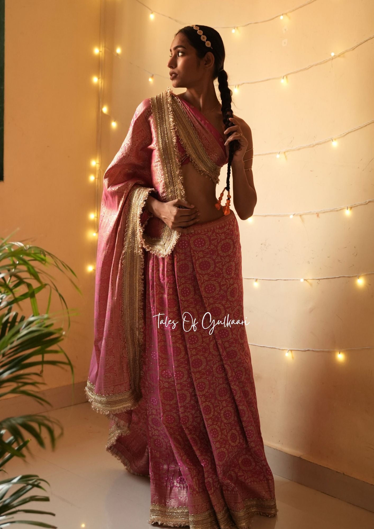 The Noor-E-Bandhej ~ Soft Katan Silk Saree In Pink with Lace Work