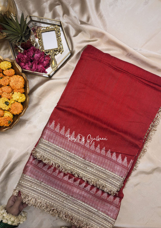 The “Mandap” Saree ~ Premium Ghiccha Cotton Saree In Red with Weaving Work