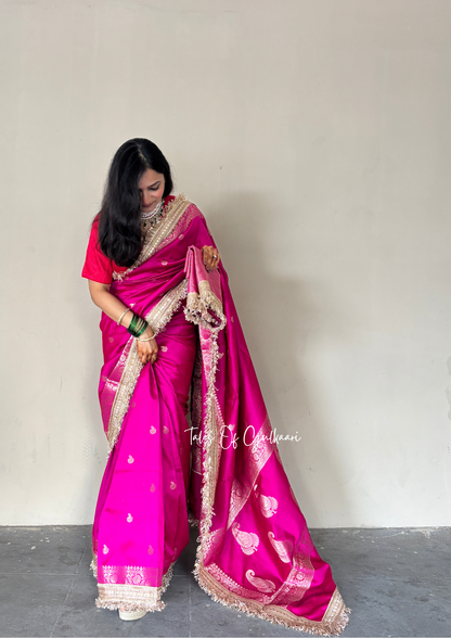 The Nazakat ~ Soft Silk Saree In Hot Pink with Lace Work