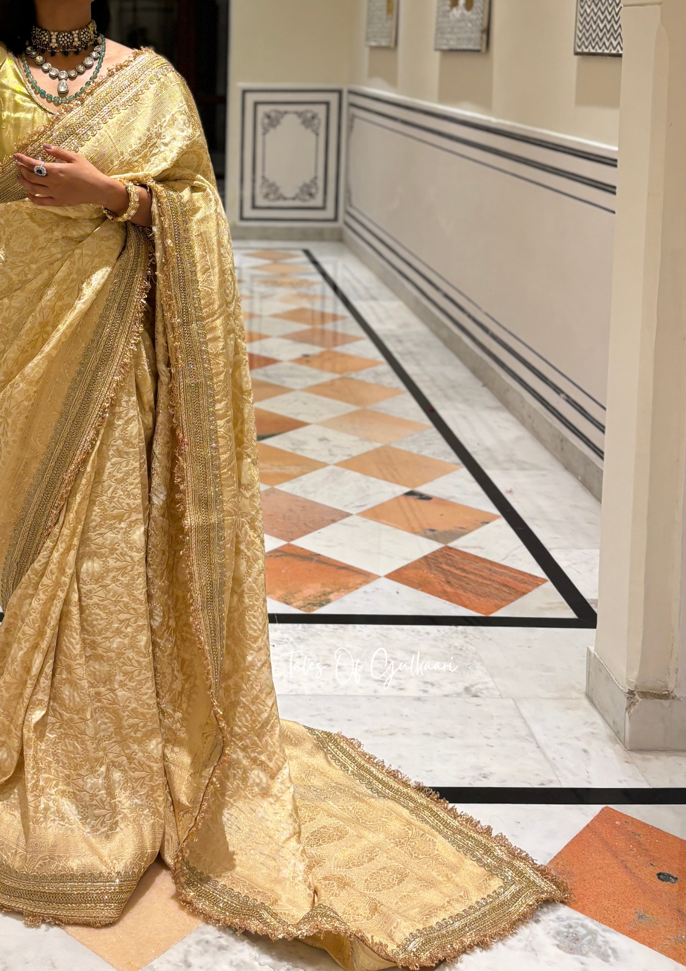 The Noor-E-Bandhej ~ Soft Katan Silk Saree In Ivory/Beige with Lace Work