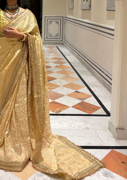 The Noor-E-Bandhej ~ Soft Katan Silk Saree In Ivory/Beige with Lace Work