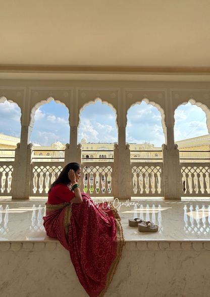 The Noor-E-Bandhej ~ Soft Katan Silk Saree In Pink with Lace Work