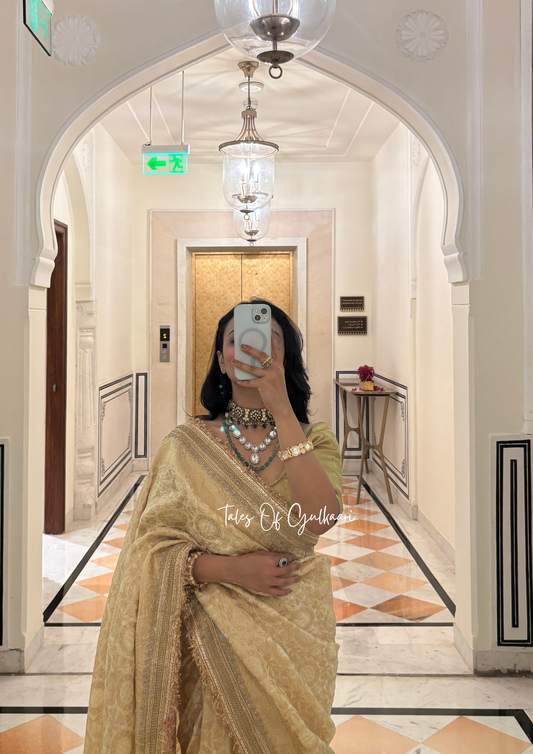 The Noor-E-Bandhej ~ Soft Katan Silk Saree In Ivory/Beige with Lace Work