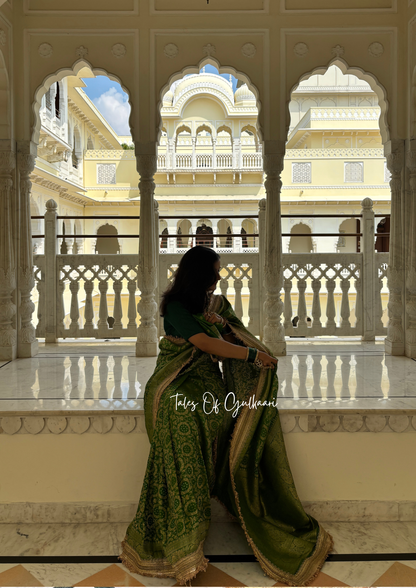 The Noor-E-Bandhej ~ Soft Katan Silk Saree In Green Color with Lace Work