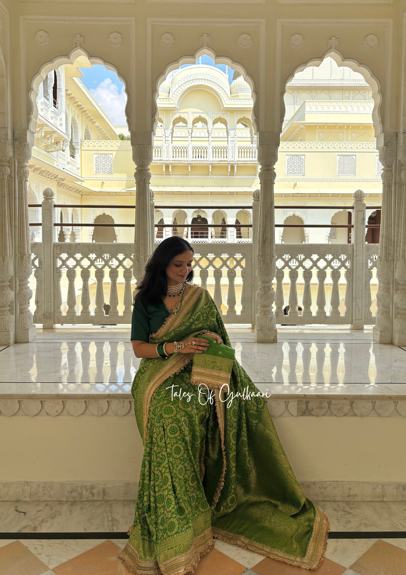 The Noor-E-Bandhej ~ Soft Katan Silk Saree In Green Color with Lace Work