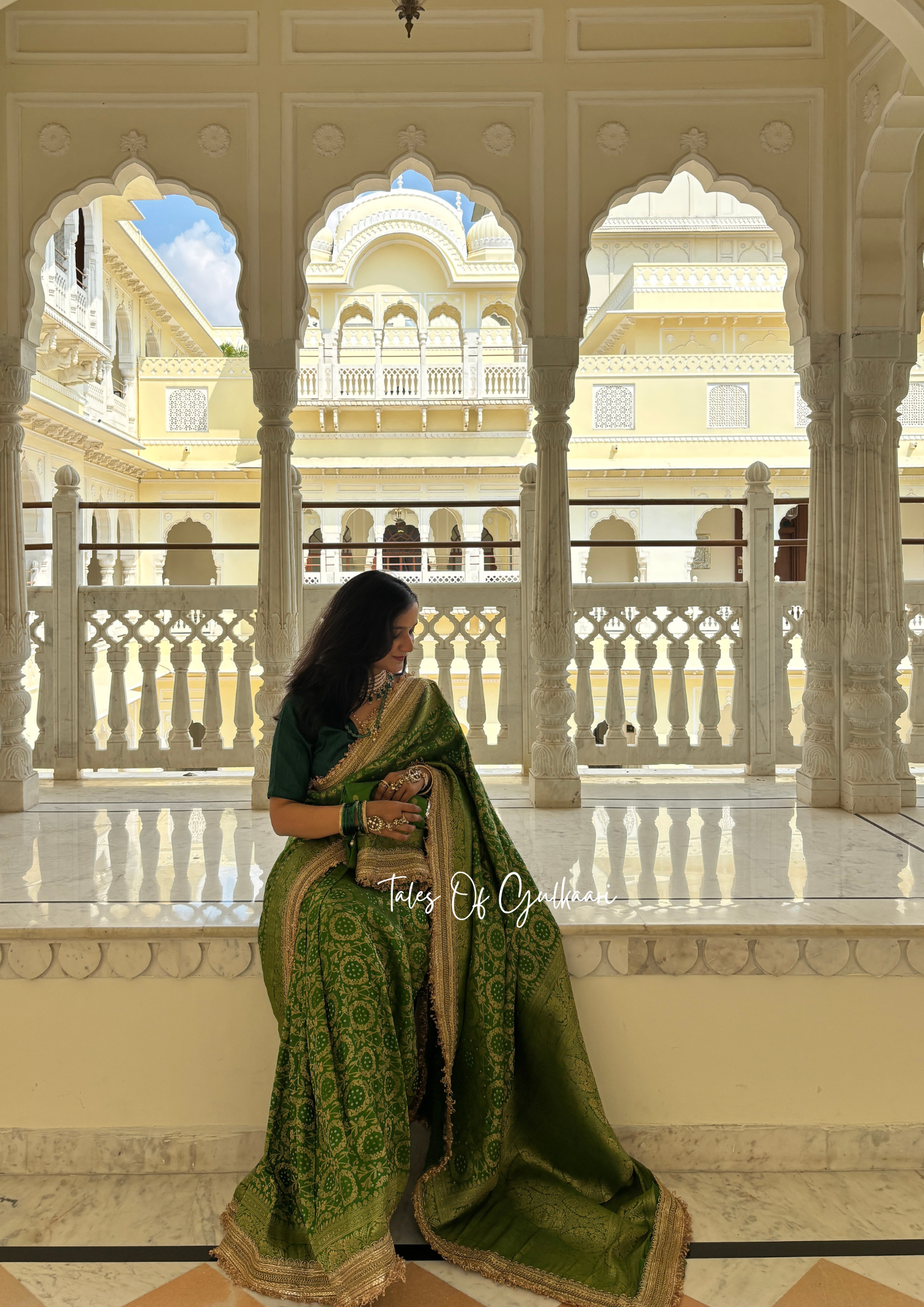 The Noor-E-Bandhej ~ Soft Katan Silk Saree In Green Color with Lace Work