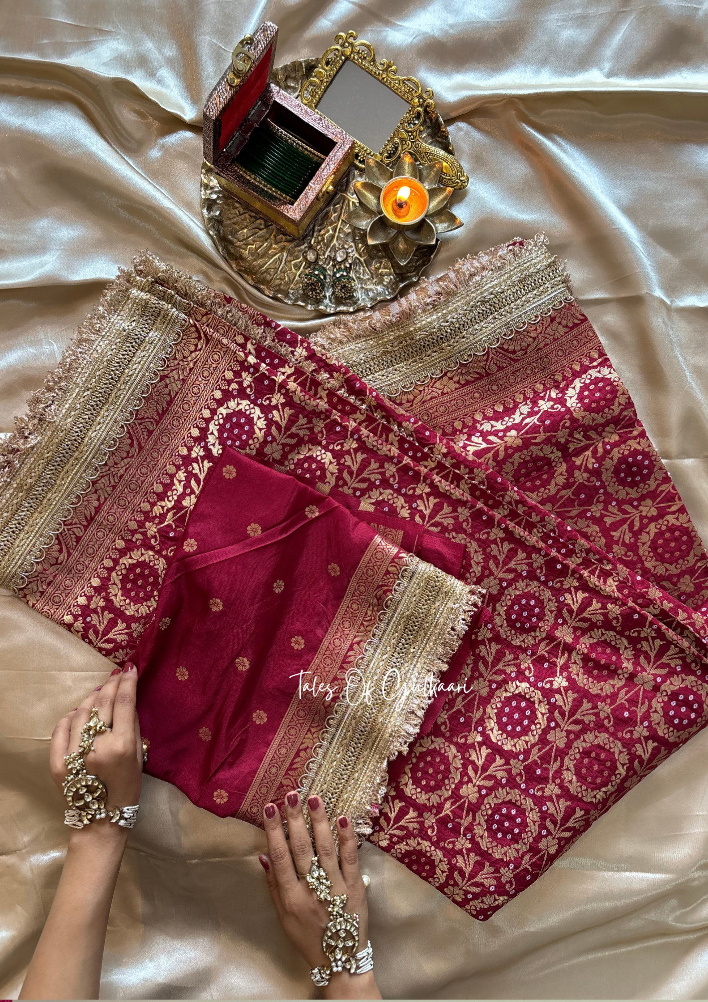 The Noor-E-Bandhej ~ Soft Katan Silk Saree In Maroon with Lace Work