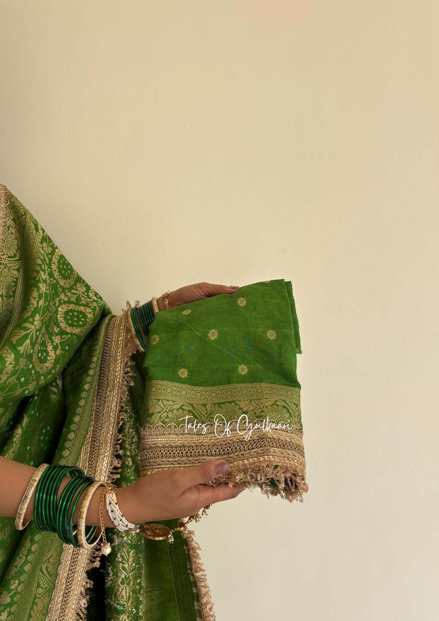 The Noor-E-Bandhej ~ Soft Katan Silk Saree In Green Color with Lace Work