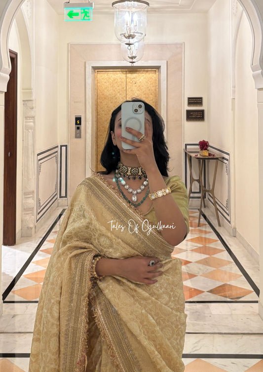 The Noor-E-Bandhej ~ Soft Katan Silk Saree In Ivory/Beige with Lace Work