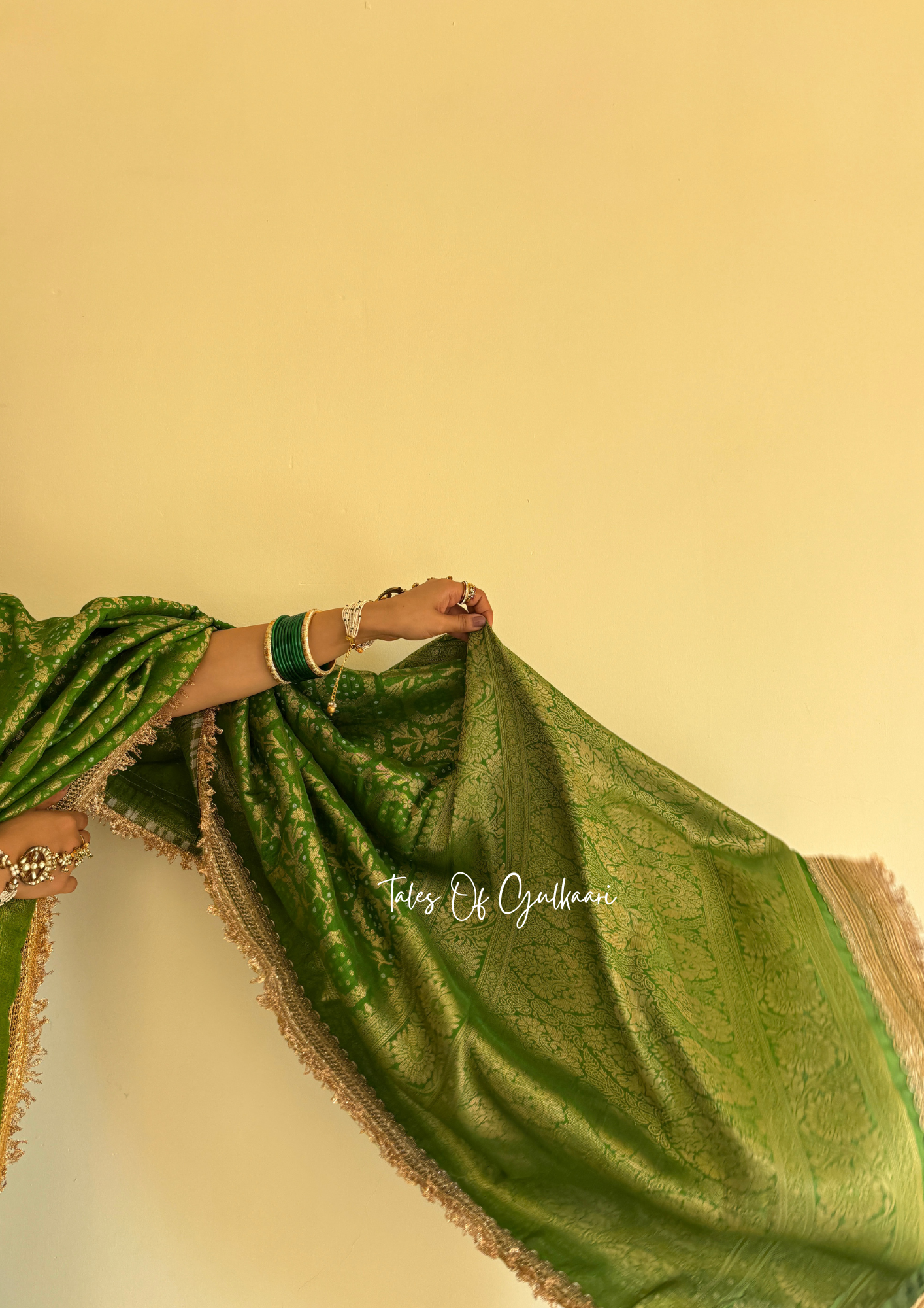 The Noor-E-Bandhej ~ Soft Katan Silk Saree In Green Color with Lace Work