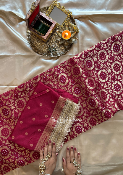 The Noor-E-Bandhej ~ Soft Katan Silk Saree In Maroon with Lace Work
