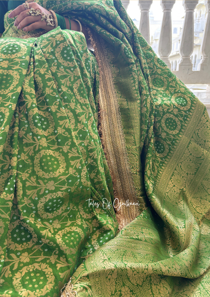 The Noor-E-Bandhej ~ Soft Katan Silk Saree In Green Color with Lace Work